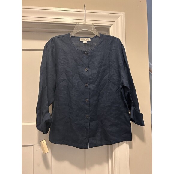 New Elliot Lauren Linen Button down Long sleeve Top Blue Size Medium Vintage - Picture 1 of 5
